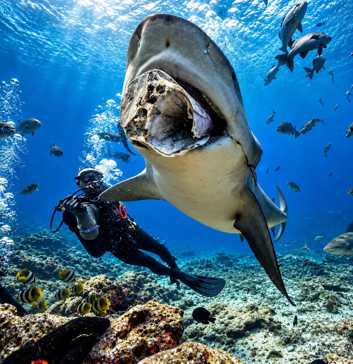 A shark and a diver at the Beqa Lagoon shark dive