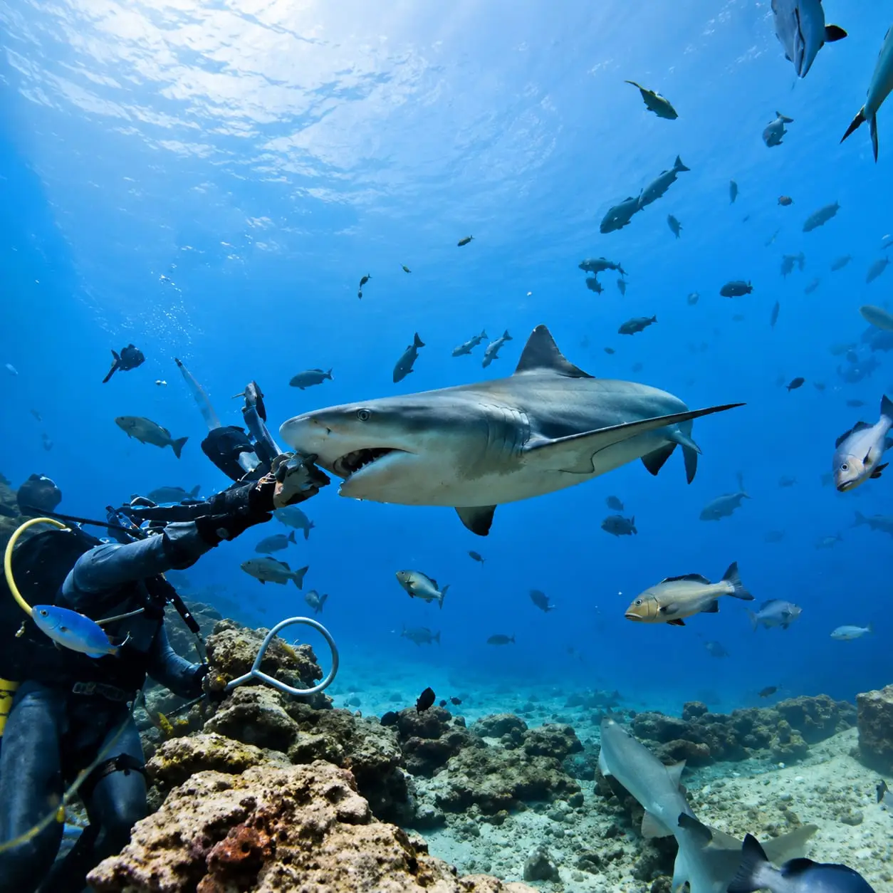 A guide hand-feeding a shark at The Colosseum